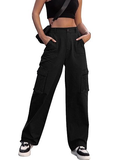 Women High Waisted Cargo Pants Wide Leg Casual Pants 6 Pockets Combat Military Trousers