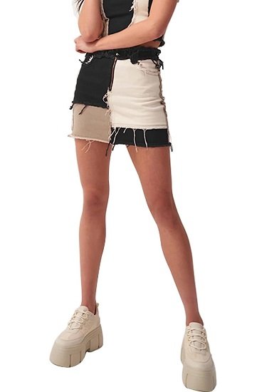 Womens Fashion Mid-Rise Color Blocking Patchwork Ripped Stretch Denim Skirts