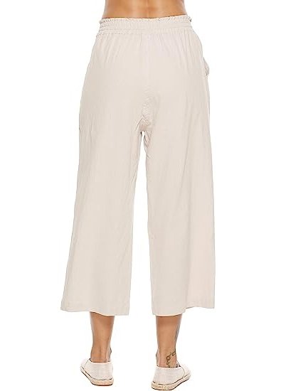 Ladies Linen Pants High Waist Wide Leg Drawstring Loose Trousers