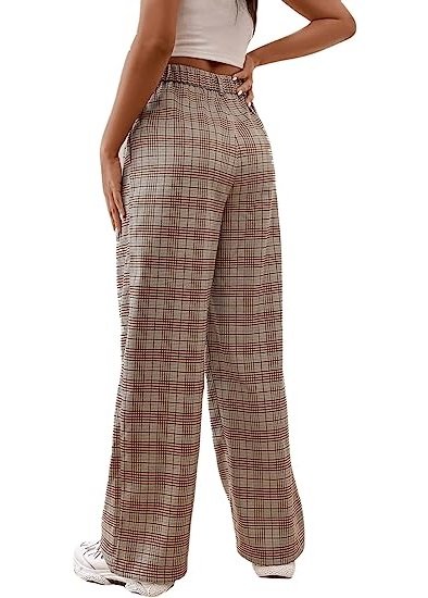 Women's Casual Plaid Print Pants High Waist Wide Leg Pleated Trouser Pants