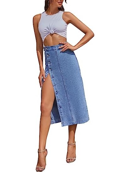 Women's Casual High Waisted Solid Button Up Denim Jean Skirt