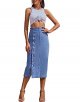 Women's Casual High Waisted Solid Button Up Denim Jean Skirt