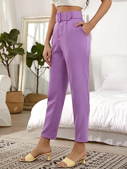 Women's High Waist Suit Pants Belted Crop Pencil Pants with Pockets