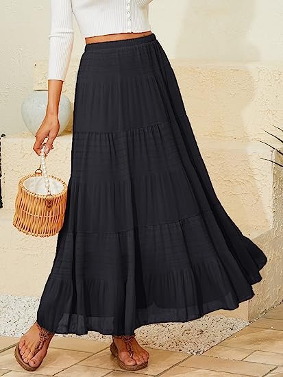 Women's Chiffon Elastic High Waist Pleated A-Line Flared Maxi Skirts