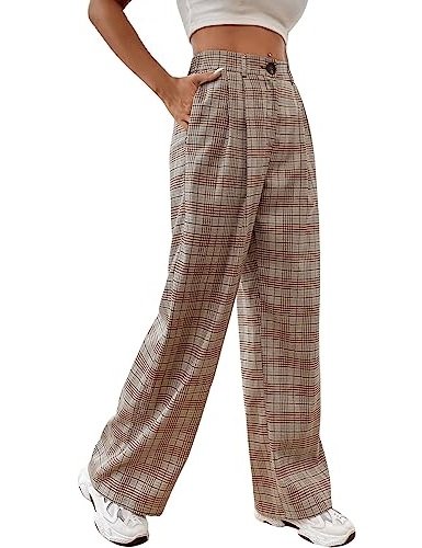 Women's Casual Plaid Print Pants High Waist Wide Leg Pleated Trouser Pants